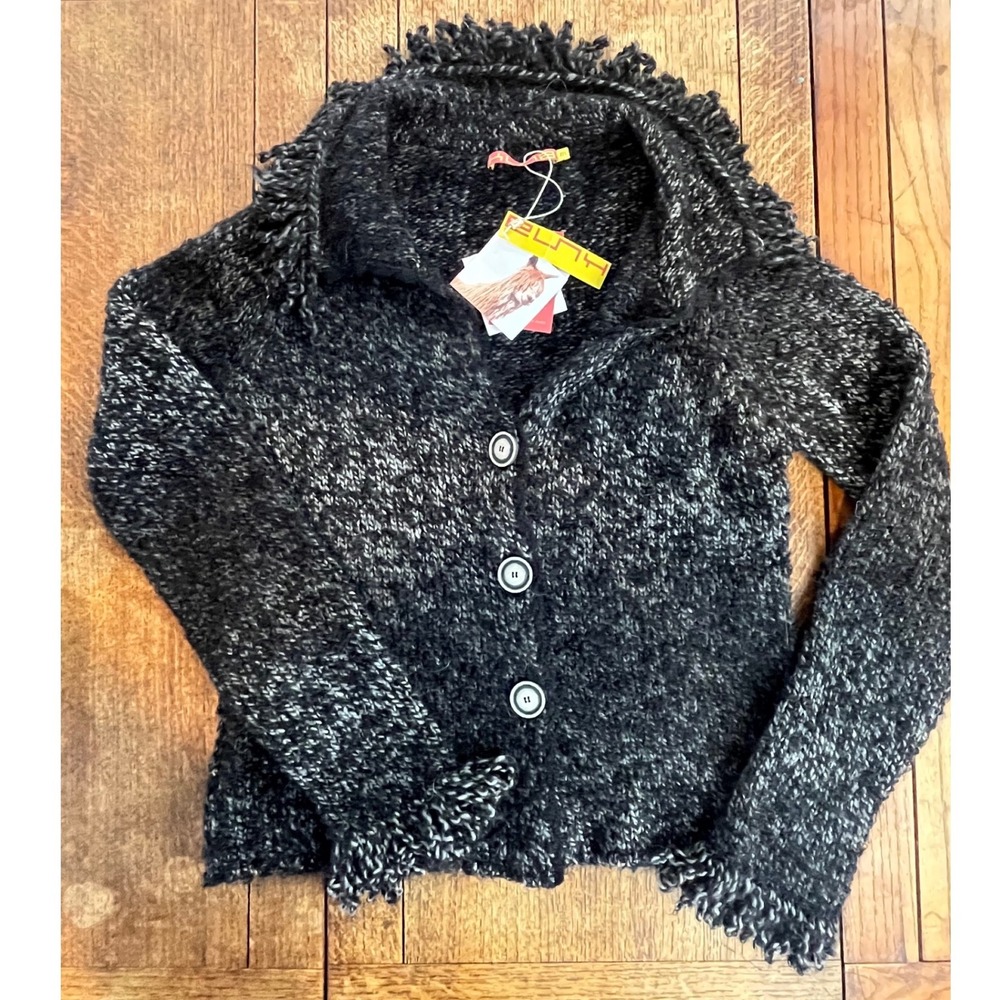 Kuna Baby Alpaca wool fringe sleeve cardigan M NWT Y2K marled button black grey